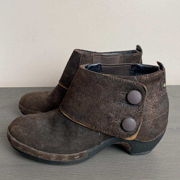 MERRELL Luxe Button Espresso Brown Suede Staple Clogs Ankle Booties Size 7 - Picture 11 of 11
